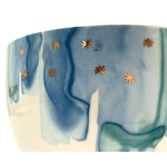 Anthropologie Night Sky Bowl Stoneware Blue Teal Drip Watercolor Wash Gold Star - Picture 12 of 15